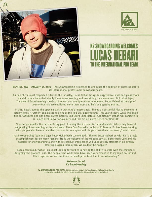 Lucus Debariが K2 Snowboarding インターナショナルプロチームへ - 画像2