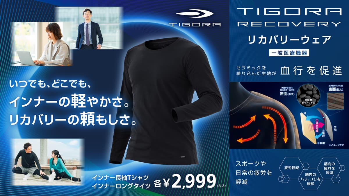 TIGORAから日中向けリカバリーインナー登場　薄手の設計で仕事や移動中にも対応