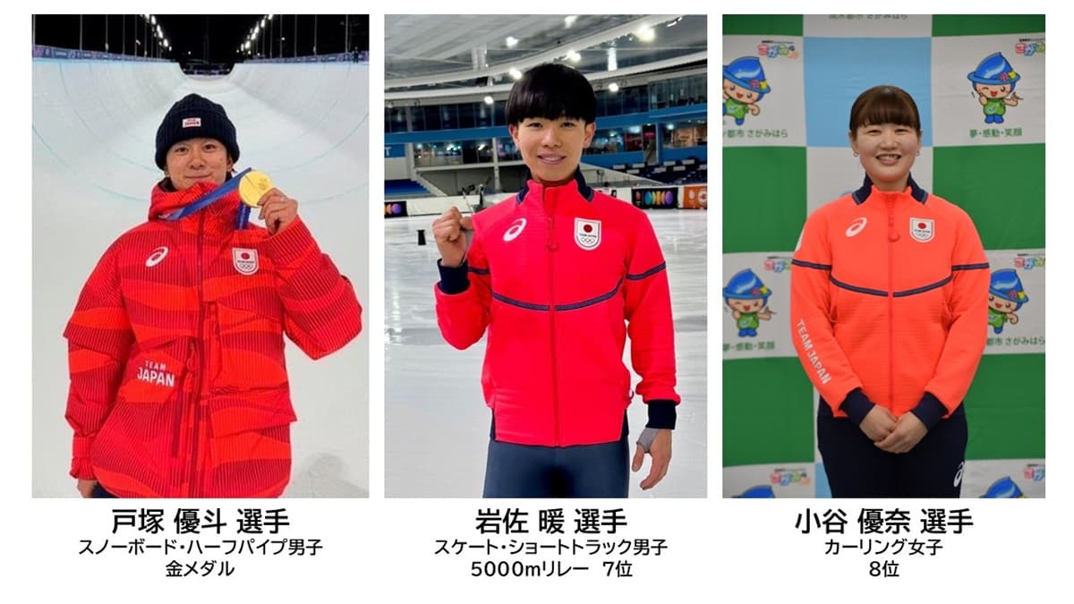 神奈川県相模原市ゆかりのスノーボードハーフパイプ金メダル戸塚選手、ショートトラック岩佐選手、カーリング小谷選手が登壇。4月23日（木）にミラノ・コルティナオリンピック出場報告会を開催