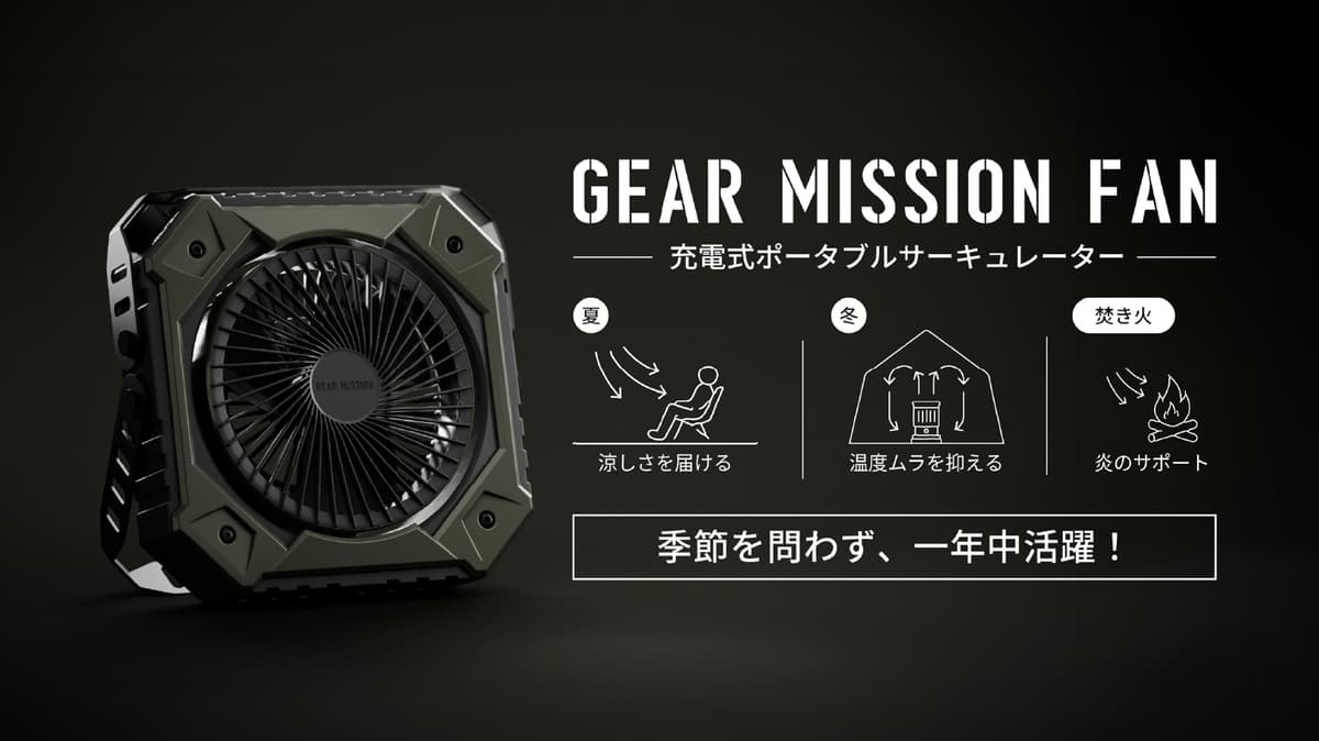 キャンプの暑さ対策に。GEAR MISSIONの充電式ポータブルサーキュレーター「GEAR MISSION FAN」登場