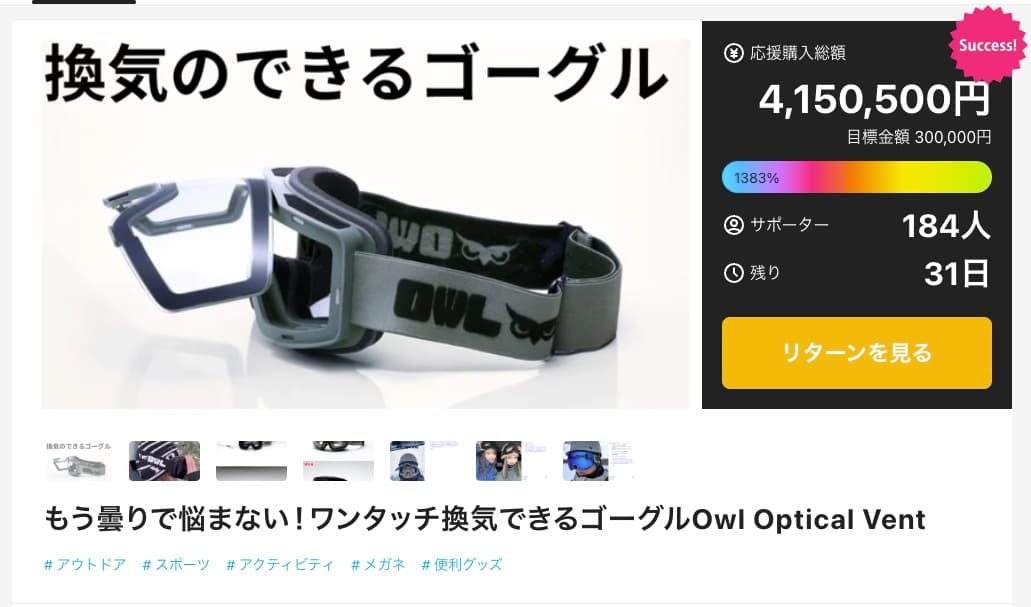 OWL Optical、「Makuake」スキー・スノーボード関連プロジェクトで歴代1位の応援購入総額を達成