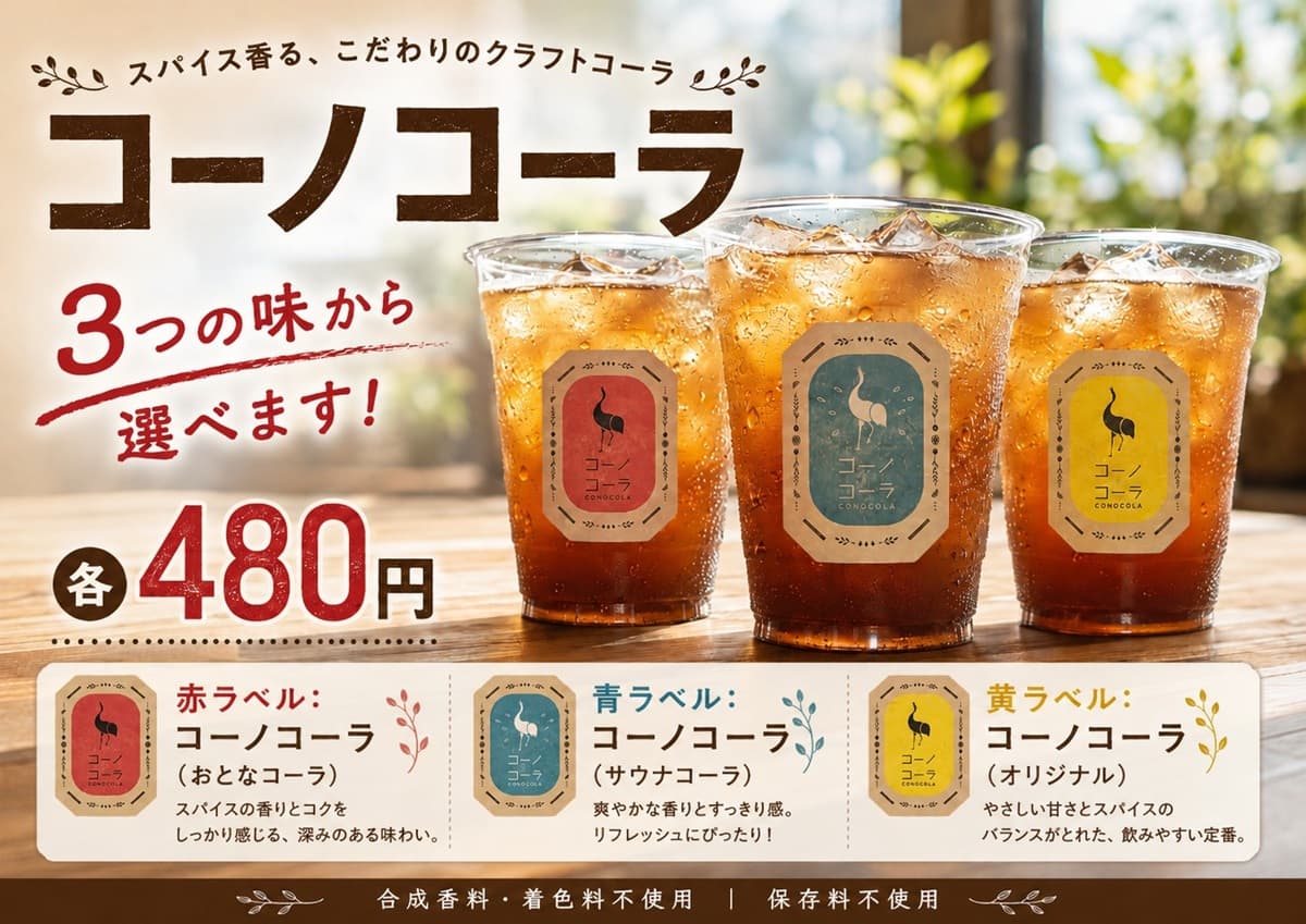 パラダで遊んだ後はクラフトコーラ！平尾温泉みはらしの湯「食事処ひらね」で3種の「コーノコーラ」を販売