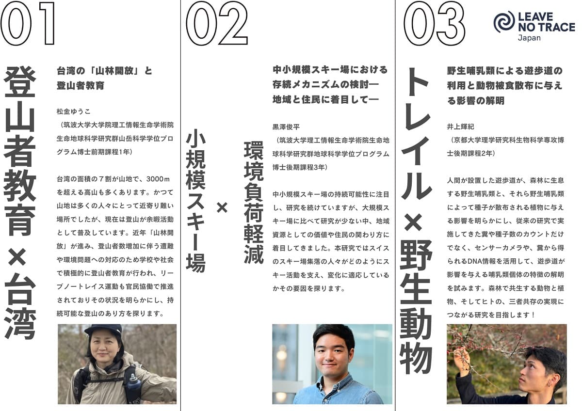 登山者教育・スキー場・野生動物をテーマに“自然との共生”を探る。若手研究者を応援する「LNT Japan」が初の研究助成で3名を選出