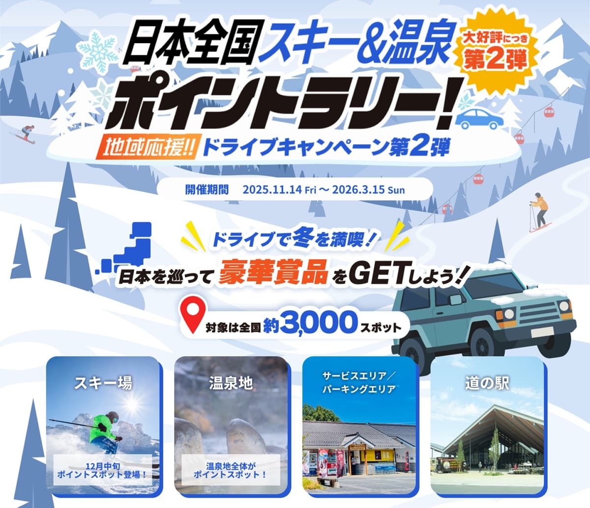 地域応援!ドライブキャンペーン第2弾!全国3,000スポットを巡る「日本全国スキー&温泉ポイントラリー」開催
